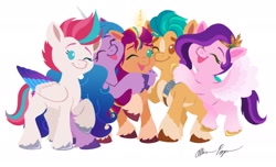 Size: 2048x1244 | Tagged: safe, artist:allisonpopick, hitch trailblazer, izzy moonbow, pipp petals, sunny starscout, zipp storm, alicorn, earth pony, pegasus, pony, unicorn, g5, my little pony: a new generation, cute, eyes closed, female, group hug, hug, male, mane five, mare, one eye closed, race swap, simple background, smiling, stallion, sunnycorn, tongue out, white background