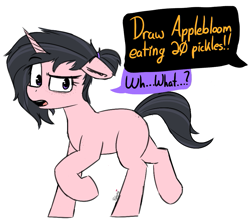 Size: 939x821 | Tagged: safe, artist:pinkberry, oc, oc only, oc:mae (pinkberry), pony, unicorn, aggie.io, colored sketch, dialogue, doodle, freckles, implied apple bloom, paw print, raised eyebrow, request, simple background, solo, speech, speech bubble, talking, text, trotting, walking, white background