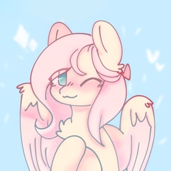 Size: 1280x1280 | Tagged: safe, artist:tofucupid, fluttershy, pegasus, pony, g4, :3, blushing, chest fluff, cute, daaaaaaaaaaaw, looking at you, one eye closed, shyabetes, smiling, smiling at you, solo, spread wings, wings, wink, winking at you