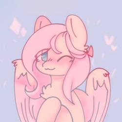 Size: 1280x1280 | Tagged: safe, alternate version, artist:tofucupid, fluttershy, pegasus, pony, g4, :3, blushing, chest fluff, cute, daaaaaaaaaaaw, looking at you, one eye closed, shyabetes, smiling, smiling at you, solo, spread wings, wings, wink, winking at you