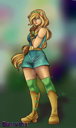Size: 1024x1708 | Tagged: safe, artist:bunnynha, applejack, human, equestria girls, g4, my little pony equestria girls: legend of everfree, boots, clothes, cowboy boots, crystal guardian, deviantart watermark, eyebrows, female, freckles, gloves, high heel boots, looking at you, obtrusive watermark, ponied up, shoes, signature, smiling, smiling at you, solo, watermark
