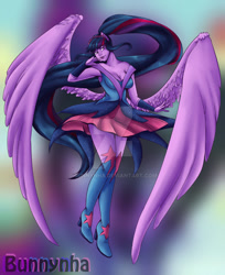 Size: 1024x1254 | Tagged: safe, artist:bunnynha, sci-twi, twilight sparkle, human, equestria girls, g4, my little pony equestria girls: legend of everfree, boots, clothes, crystal guardian, deviantart watermark, high heel boots, impossibly large wings, large wings, obtrusive watermark, ponied up, shoes, solo, watermark, wings