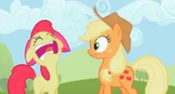 Size: 480x257 | Tagged: safe, screencap, apple bloom, applejack, earth pony, pony, g4, season 2, sisterhooves social, apple, apple sisters, applejack's hat, bow, burp, cloud, cowboy hat, duo, eyes closed, female, filly, foal, food, hair bow, hat, mare, open mouth, shocked, shrunken pupils, siblings, sisters, sky, sweet apple acres, tree, uncouth, youtube link