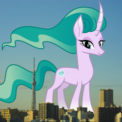 Size: 2048x2048 | Tagged: safe, artist:cheezedoodle96, artist:thegiantponyfan, edit, mistmane, pony, unicorn, g4, curved horn, female, giant pony, giant unicorn, giantess, high res, highrise ponies, horn, irl, japan, looking at you, macro, mare, mega giant, photo, ponies in real life, smiling, solo, story included, tokyo