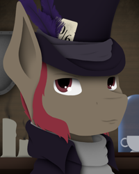 Size: 1080x1350 | Tagged: safe, artist:tiviyl, oc, pony, candle, clothes, cup, equestria divided: reunification, feather, hat, muttonchops, numbers, shield, solo, teacup, top hat