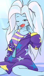 Size: 740x1280 | Tagged: safe, artist:batipin, trixie, human, equestria girls, g4, alternate hairstyle, babysitter trixie, clothes, cute, cute little fangs, diatrixes, fangs, female, hoodie, messy hair, one eye closed, open mouth, oversized clothes, pigtails, solo