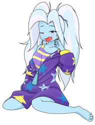 Size: 1101x1450 | Tagged: safe, artist:batipin, trixie, human, equestria girls, g4, alternate hairstyle, babysitter trixie, barefoot, clothes, cute, cute little fangs, diatrixes, fangs, feet, female, hoodie, messy hair, one eye closed, open mouth, oversized clothes, pigtails, simple background, solo, transparent background