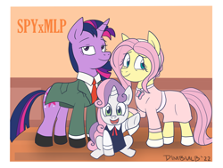 Size: 2012x1524 | Tagged: safe, artist:dimbulb, fluttershy, sweetie belle, twilight sparkle, pegasus, pony, unicorn, g4, anime, anya forger, clothes, female, loid forger, mare, parody, spy x family, trio, unicorn twilight, yor forger, yorshy