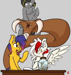 Size: 2650x2800 | Tagged: safe, artist:aryn, oc, oc:awya lightfeather, oc:bug-zapper, oc:line art, earth pony, pegasus, pony, worm, blushing, female, high res, imminent vore, mare, story in the source