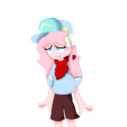 Size: 1586x1586 | Tagged: safe, fluttershy, human, equestria girls, g4, bandana, cap, clothes, crossover, hat, hoodie, shorts