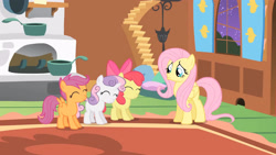 Size: 3410x1920 | Tagged: safe, screencap, apple bloom, fluttershy, scootaloo, sweetie belle, earth pony, pegasus, pony, unicorn, g4, season 1, stare master, ^^, adorabloom, apple bloom's bow, blank flank, bow, cute, cutealoo, cutie mark crusaders, diasweetes, eyes closed, female, filly, fluttershy's cottage, foal, folded wings, hair bow, high res, mare, night, pouting, smiling, spread wings, wings