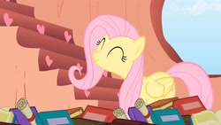 Size: 3410x1920 | Tagged: safe, screencap, fluttershy, pegasus, pony, g4, season 1, sonic rainboom (episode), ^^, book, cute, eyes closed, female, golden oaks library, high res, mare, scroll, shyabetes, smiling, solo