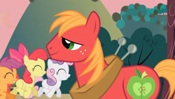 Size: 3410x1920 | Tagged: safe, screencap, apple bloom, big macintosh, scootaloo, sweetie belle, earth pony, pegasus, pony, unicorn, g4, hearts and hooves day (episode), season 2, ^^, adorabloom, apple bloom's bow, bow, cute, cutealoo, cutie mark crusaders, diasweetes, eyes closed, female, filly, foal, hair bow, high res, male, smiling, solo focus, stallion