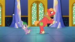 Size: 3410x1920 | Tagged: safe, screencap, big macintosh, spike, dragon, earth pony, pony, dungeons and discords, g4, season 6, best friends, bipedal, duo, duo male, high res, looking at each other, male, smiling, smiling at each other, stallion, twilight's castle, wingless spike