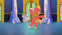 Size: 3410x1920 | Tagged: safe, screencap, big macintosh, spike, dragon, earth pony, pony, dungeons and discords, g4, season 6, ^^, bipedal, cute, duo, eyes closed, high res, macabetes, male, smiling, spikabetes, stallion, twilight's castle