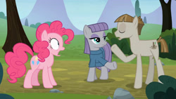 Size: 3410x1920 | Tagged: safe, screencap, maud pie, mudbriar, pinkie pie, earth pony, pony, g4, season 8, the maud couple, eyes closed, female, high res, male, mare, open mouth, shrunken pupils, stallion, trio