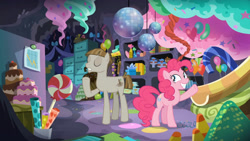 Size: 3410x1920 | Tagged: safe, screencap, mudbriar, pinkie pie, earth pony, pony, g4, season 8, the maud couple, balloon, cake, disco ball, eyes closed, female, food, grin, high res, male, mare, smiling, stallion