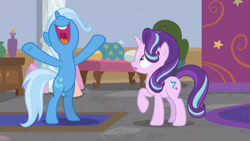 Size: 3410x1920 | Tagged: safe, screencap, starlight glimmer, trixie, pony, unicorn, a horse shoe-in, g4, season 9, belly, bipedal, duo, female, high res, mare, nose in the air, open mouth, open smile, school of friendship, smiling, volumetric mouth