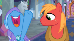 Size: 3410x1920 | Tagged: safe, screencap, big macintosh, trixie, earth pony, pony, unicorn, a horse shoe-in, g4, season 9, cape, clothes, duo, female, hat, high res, male, mare, nose in the air, open mouth, open smile, school of friendship, smiling, stallion, trixie's cape, trixie's hat, volumetric mouth