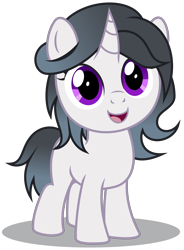 Size: 2550x3470 | Tagged: safe, artist:strategypony, oc, oc only, oc:duchess(fudgey), pony, unicorn, curved horn, female, filly, foal, full body, gradient mane, gray mane, high res, hooves, horn, open mouth, open smile, shadow, show accurate, simple background, smiling, solo, standing, transparent background, unicorn oc
