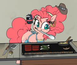 Size: 834x705 | Tagged: safe, artist:lockheart, pinkie pie, earth pony, pony, g4, apron, beer can, cellphone, clothes, cooking, cowboy hat, ear piercing, earring, equus-477, female, food, frying pan, grill, hat, headband, jewelry, knife, latina pinkie pie, leek, mare, meat, meme, mouth hold, phone, piercing, ponies eating meat, ponified meme, prehensile mane, sausage, scallion, smartphone, soda, solo, tongs