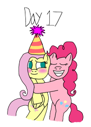 Size: 2000x2793 | Tagged: safe, artist:ktd1993, fluttershy, pinkie pie, pony, g4, 17, bipedal, blushing, duo, female, hat, high res, lesbian, party hat, ship:flutterpie, shipping, simple background, transparent background