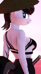 Size: 1080x1920 | Tagged: safe, artist:theebicduck, oc, oc:ronin, earth pony, anthro, 3d, anthro oc, beautiful, bra, breasts, clothes, earth pony oc, hat, katana, looking at you, looking back, looking back at you, rear view, skirt, smiling, smirk, source filmmaker, stand, sword, tattoo, weapon