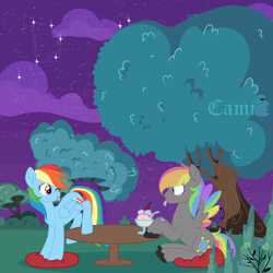 Size: 5000x5000 | Tagged: safe, artist:zakypo, rainbow dash, oc, oc:dark rainbow, pegasus, pony, g4, ;p, blushing, canon x oc, cloud, colored wings, commission, constellation, darsh, duo, female, food, ice cream, male, mare, multicolored wings, night, one eye closed, pegasus oc, rainbow wings, shipping, show accurate, smiling, stallion, table, teasing, tongue out, tree, wings, ych result
