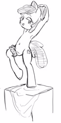 Size: 801x1599 | Tagged: safe, artist:seidouryu, apple bloom, earth pony, pony, g4, armpits, artistic nudity, bedroom eyes, belly button, bipedal, female, filly, foal, garter, pose, sketch, solo
