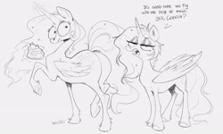 Size: 2560x1536 | Tagged: safe, artist:hattiezazu, princess celestia, princess luna, alicorn, pony, g4, butt, cake, cakelestia, concave belly, dialogue, ethereal mane, ethereal tail, food, height difference, implied weight gain, lidded eyes, looking back, magic, physique difference, plot, royal sisters, siblings, sisters, sketch, slender, snark, sunbutt, tail, telekinesis, thin, thin legs, unamused, unshorn fetlocks, wide eyes