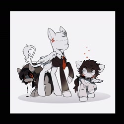 Size: 1436x1432 | Tagged: safe, artist:cupldcry, earth pony, pegasus, pony, black background, clothes, creepypasta, cross-popping veins, hoodie, jeff the killer, knife, meme, mouth hold, necktie, ponified, rule 85, simple background, slenderman, trio, wings