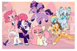 Size: 2048x1365 | Tagged: safe, artist:cupldcry, angel bunny, applejack, fluttershy, pinkie pie, rainbow dash, rarity, twilight sparkle, alicorn, earth pony, pegasus, pony, rabbit, unicorn, g4, alternate hairstyle, animal, applejack's hat, clothes, coat markings, cowboy hat, female, glasses, hat, horn, jewelry, leonine tail, looking at you, mane six, mare, necklace, open mouth, pale belly, pearl necklace, raised hoof, redesign, simple background, straw in mouth, tail, turtleneck, twilight sparkle (alicorn), white background, wings