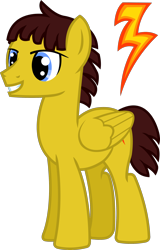 Size: 1782x2791 | Tagged: safe, artist:cranberry-tofu, oc, oc only, oc:brave bolt, pegasus, pony, folded wings, full body, grin, high res, hooves, lidded eyes, male, pegasus oc, show accurate, simple background, smiling, solo, stallion, standing, transparent background, wings