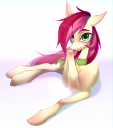 Size: 2832x3200 | Tagged: safe, artist:satan, roseluck, earth pony, pony, g4, :p, behaving like a cat, collar, commission, commissioner:doom9454, cute, high res, licking, long legs, lying down, pet tag, pony pet, rosepet, skinny, solo, thin, tongue out