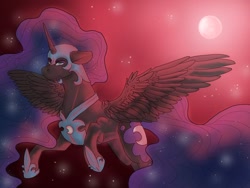 Size: 512x384 | Tagged: safe, artist:binibean, nightmare moon, alicorn, pony, g4, blue mane, blue tail, concave belly, digital art, ethereal mane, ethereal tail, female, flowing mane, flowing tail, flying, helmet, hoof shoes, horn, mare, moon, moonlight, night, solo, spread wings, stars, sternocleidomastoid, tail, wings