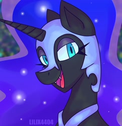 Size: 1902x1959 | Tagged: safe, artist:lilix4404, nightmare moon, alicorn, pony, g4, blue eyes, blue mane, colored pupils, cute, digital art, ethereal mane, eyelashes, eyeshadow, female, flowing mane, helmet, horn, lidded eyes, looking at you, makeup, mare, nicemare moon, open mouth, open smile, peytral, signature, smiling, smiling at you, solo, starry mane, teeth, watermark