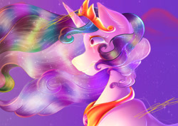 Size: 1063x752 | Tagged: safe, artist:wolfieswap, princess celestia, alicorn, pony, g4, cloud, crown, crying, ear fluff, ethereal mane, female, flowing mane, horn, jewelry, mare, peytral, pink eyes, regalia, sad, signature, sky, solo, starry mane, teary eyes