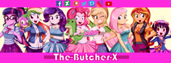 Size: 960x355 | Tagged: safe, artist:the-butch-x, applejack, fluttershy, gummy, pinkie pie, rainbow dash, rarity, sci-twi, spike, spike the regular dog, sunset shimmer, twilight sparkle, oc, oc:cassey, alligator, dog, human, equestria girls, equestria girls series, g4, applejack's hat, banner, belt, bowtie, bracelet, clothes, cookie, cowboy hat, cutie mark on clothes, denim skirt, deviantart, deviantart logo, facebook, female, food, geode of empathy, geode of fauna, geode of shielding, geode of sugar bombs, geode of super speed, geode of super strength, geode of telekinesis, glasses, grin, hat, hoodie, humane five, humane seven, humane six, instagram, jewelry, logo, looking at you, magical geodes, male, meta, necklace, old art, one eye closed, open mouth, open smile, patreon, patreon logo, pixiv, ponytail, rarity peplum dress, shorts, skirt, smiling, smiling at you, twitter, wink, winking at you, youtube