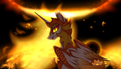 Size: 3700x2100 | Tagged: safe, artist:ladyluna2, daybreaker, alicorn, pony, g4, armor, crown, digital art, evil grin, feather, female, fire, flowing mane, folded wings, glowing, glowing eyes, grin, high res, horn, jewelry, looking back, mane of fire, mare, regalia, smiling, solo, sun, tail, tail of fire, teeth, wing armor, wings, yellow eyes