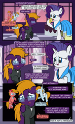 Size: 1920x3168 | Tagged: safe, artist:alexdti, rarity, oc, oc:aqua lux, oc:purple creativity, oc:warm focus, pegasus, pony, unicorn, comic:quest for friendship, g4, ^^, bandage, clothes, comic, dialogue, dress, ears back, eyes closed, female, folded wings, glasses, high res, hoof hold, horn, looking away, mare, narrowed eyes, open mouth, open smile, pegasus oc, raised hoof, raised leg, shoulder angel, shoulder devil, smiling, speech bubble, wings