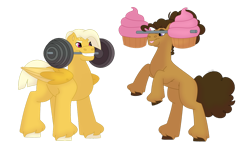 Size: 1280x732 | Tagged: safe, artist:itstechtock, oc, oc only, oc:meadowlark, oc:sweet tooth, earth pony, pegasus, pony, cupcake, food, mouth hold, offspring, parent:bulk biceps, parent:cheese sandwich, parent:fluttershy, parent:pinkie pie, parents:cheesepie, parents:flutterbulk, simple background, transparent background, weight lifting, weights