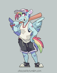Size: 625x800 | Tagged: safe, artist:chocodile, part of a set, rainbow dash, anthro, plantigrade anthro, g4, alternative cutie mark placement, baseball bat, breasts, butch, clothes, converse, female, gap teeth, gray background, grin, holding, jewelry, leg hair, necklace, shoes, short hair, shorts, shoulder cutie mark, simple background, smiling, solo, standing, tank top, teeth, tomboy, url, wings