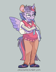 Size: 625x800 | Tagged: safe, artist:chocodile, part of a set, twilight sparkle, alicorn, anthro, plantigrade anthro, g4, book, bowtie, breasts, clothes, female, full body, glasses, gray background, holding, horn, looking down, pants, shirt, simple background, solo, standing, sweater vest, twilight sparkle (alicorn), url, vest, wings