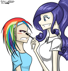 Size: 1304x1362 | Tagged: safe, artist:tao-mell, rainbow dash, rarity, human, g4, angry, duo, female, humanized, makeover, mascara, simple background, tomboy taming, white background
