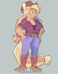 Size: 625x800 | Tagged: safe, artist:chocodile, part of a set, applejack, earth pony, anthro, plantigrade anthro, g4, belt, boots, breasts, cleavage, clothes, full body, gray background, hand on hip, hat, jeans, pants, shirt, shoes, simple background, smiling, solo, standing, straw in mouth