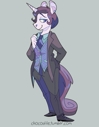 Size: 625x800 | Tagged: safe, artist:chocodile, part of a set, rarity, unicorn, anthro, plantigrade anthro, g4, clothes, ear piercing, earring, female, full body, gray background, hand behind back, horn, jewelry, pants, piercing, short hair, simple background, smiling, solo, standing, suit, url