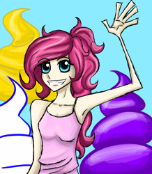 Size: 3050x3494 | Tagged: safe, artist:tao-mell, pinkie pie, human, g4, bare shoulders, clothes, female, high res, humanized, sleeveless, smiling, solo, waving