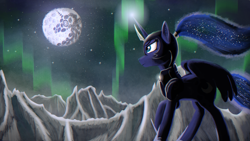 Size: 4000x2250 | Tagged: safe, artist:enteryourponyname, princess luna, alicorn, pony, fall of the crystal empire, g4, armor, ear fluff, ethereal mane, full moon, glowing, glowing horn, helmet, hoof shoes, horn, magic, mare in the moon, moon, mountain, night, snow, spread wings, starry mane, starry night, wings