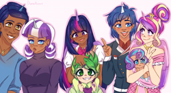 Size: 2898x1588 | Tagged: safe, artist:diameltzowo, night light, princess cadance, princess flurry heart, shining armor, spike, twilight sparkle, twilight velvet, human, g4, baby, clothes, crown, dark skin, dress, ear piercing, earring, family, female, happy, horn, horned humanization, humanized, interracial, jewelry, male, necklace, open mouth, piercing, regalia, ring, sharp teeth, simple background, smiling, teeth, winged humanization, wings
