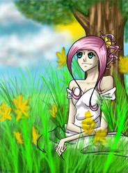 Size: 3162x4287 | Tagged: safe, artist:tao-mell, fluttershy, human, g4, clothes, commission, female, grass, humanized, solo, tree